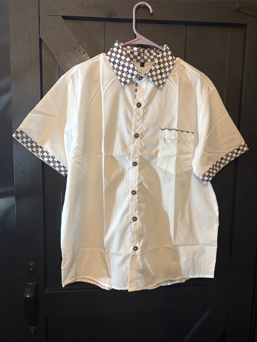 Men's White Short-Sleeve Button-Down Shirt with Patterned Collar
